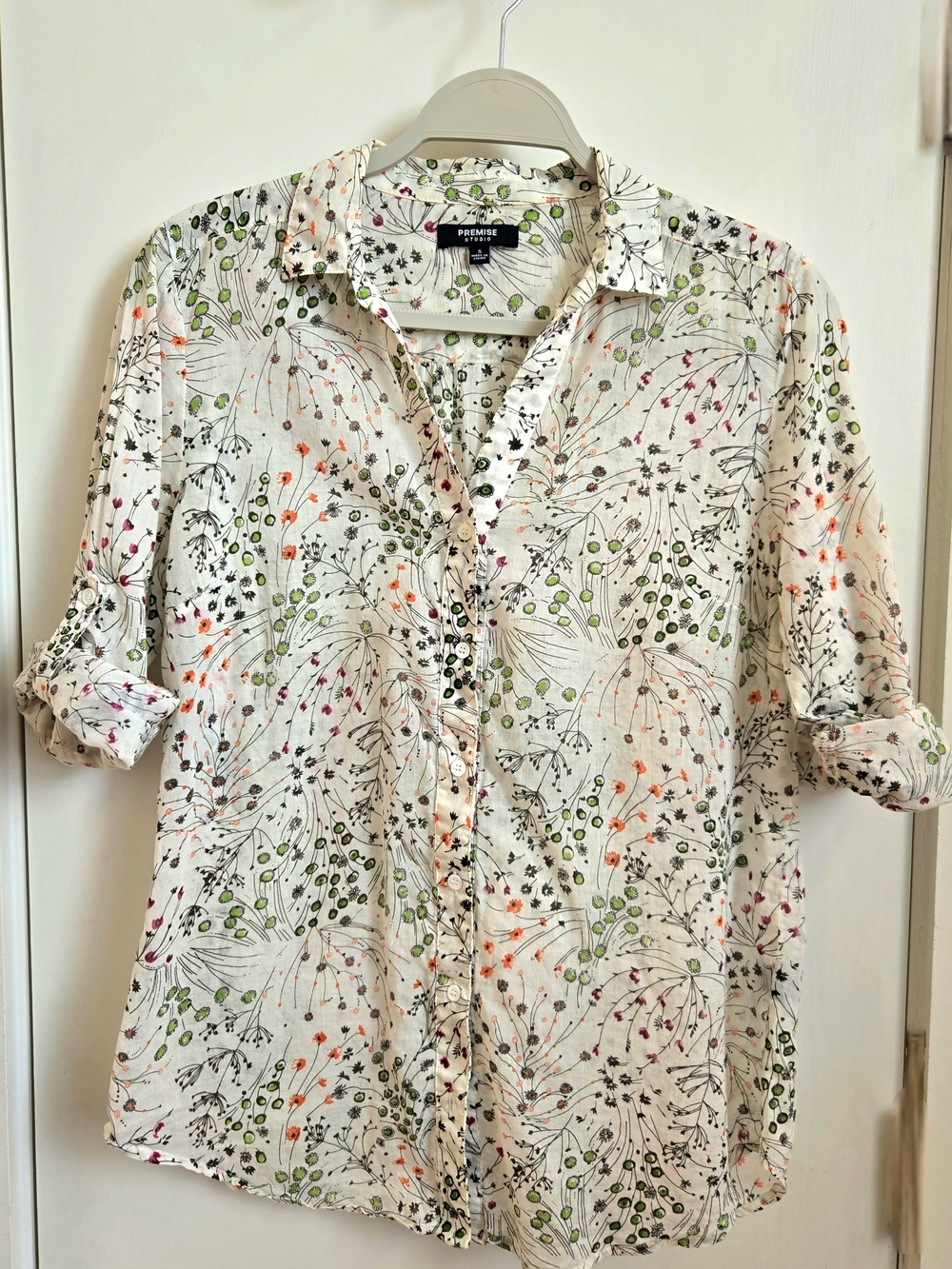 Premise Floral Button-Up Shirt in Cream with Green & Orange Accents